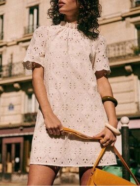 SEZANE Ecru Cream Boho Eyelet Embroidered Scalloped High Neck Mini Louison Dress